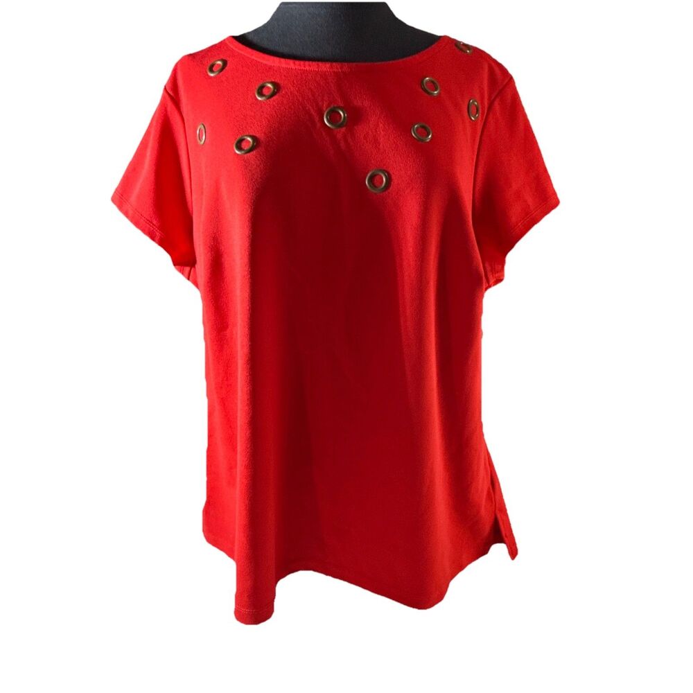 Cato Red Short Sleeve Bronze Circle Pattern Size 2X Blouse